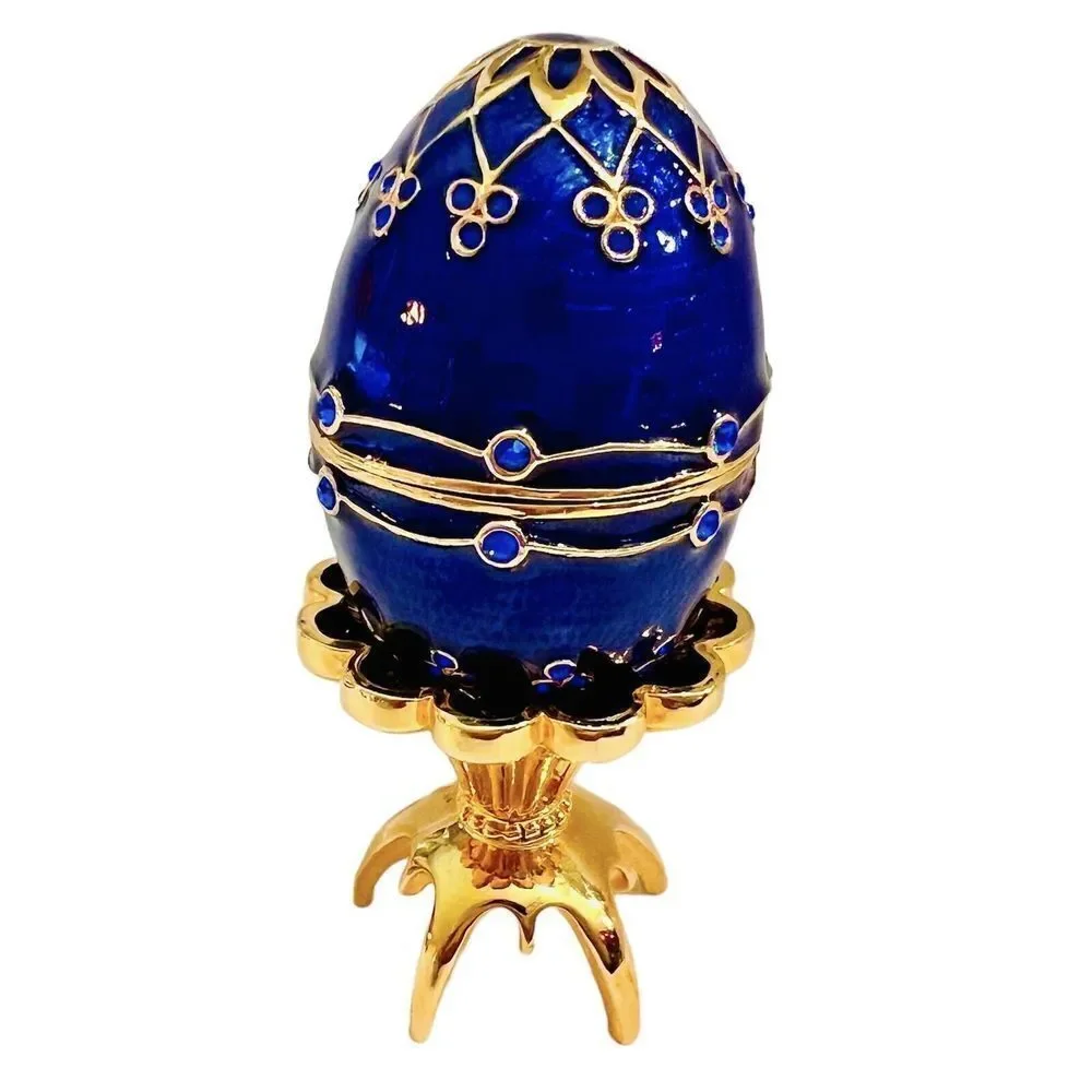Enamel Keepsake Trinket Box Egg Cobalt Blue & Gold Tone Stand Metal Rhinestones